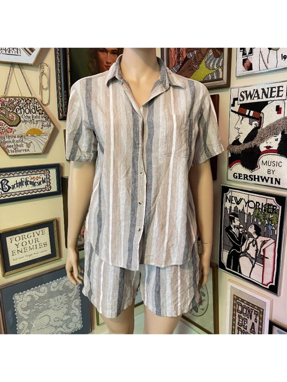 90s Vintage Kik & Mo Gray Tan White Stripe Lightweight Indian Linen Set Size 22W
